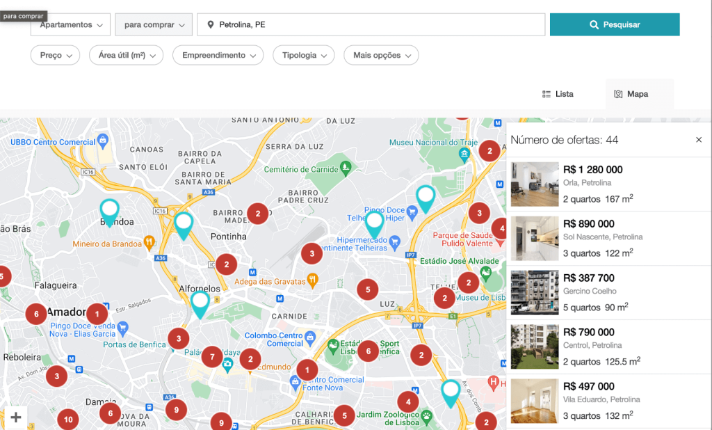 busca por apartamentos via Google Maps no Portal Meu Lar